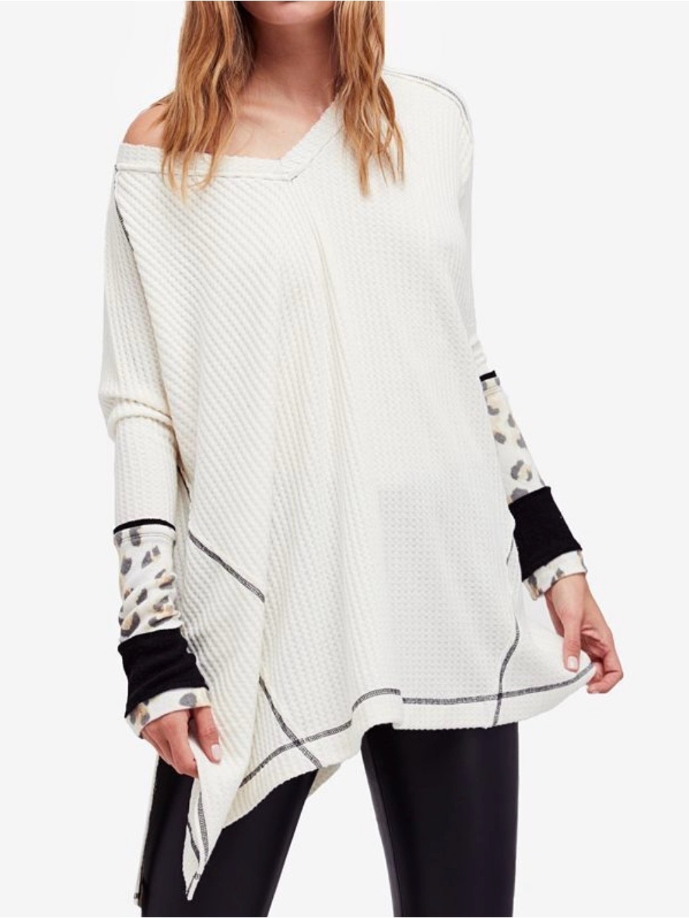 We The Free Petite Small Waffle Knit Top Thermal Leopard Animal Print Oversized